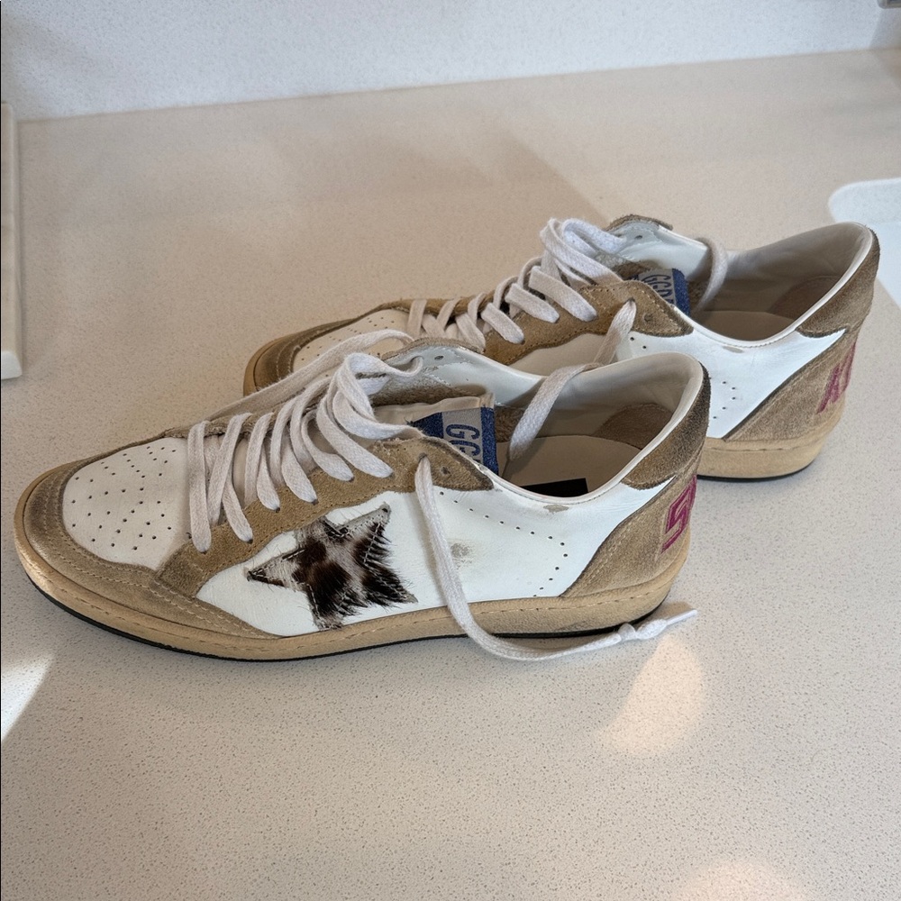 Golden Goose White and Tan Sneakers